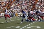 Peyton Manning, of the World Champion Indianapolis Colts, launches a pass during the Pro Bowl.