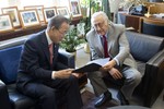 Secretary-General Ban Ki-moon (left) meets with Lakhdar Brahimi, newly appointed Joint Special Representative of the United Nations and the League of Arab States for Syria, 24 August, 2012.