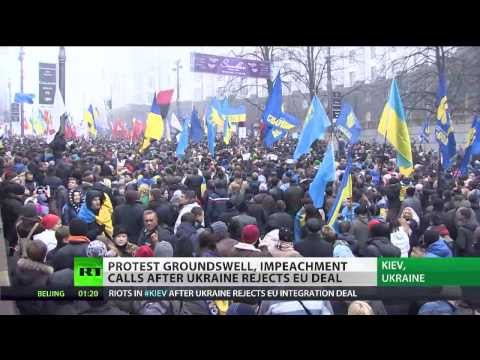 Tens of thousands of demonstrators took to the streets of several Ukrainian cities in protest at Kiev\'s decision to suspend the EU trade agreement. A major rally for Euro integration with sporadic clashes is taking place in Kiev. READ MORE http://on.rt.com/vhsalf

RT LIVE http://rt.com/on-air

Subscribe to RT! http://www.youtube.com/subscription_center?add_user=RussiaToday

Like us on Facebook http://www.facebook.com/RTnews
Follow us on Twitter http://twitter.com/RT_com
Follow us on Instagram http://instagram.com/rt
Follow us on Google+ http://plus.google.com/+RT

RT (Russia Today) is a global news network broadcasting from Moscow and Washington studios. RT is the first news channel to break the 1 billion YouTube views benchmark.