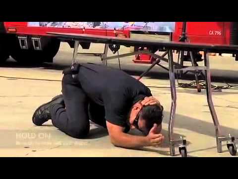 Demonstration of Drop, Cover, and Hold On by Los Angeles County Fire Department Firefighters