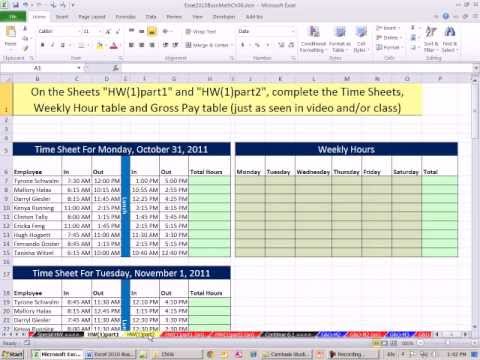 Excel 2010 Business Math 44: Payroll Time Sheets, IF Function For Overtime &Gross Pay Calculations