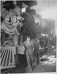 Women taking place of men on Great Northern Railway at Great Falls. Montana, circa 1918. Great Falls Commercial Club., 1917 - 1919