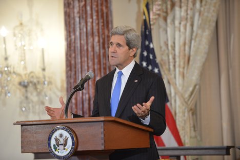 File - U.S. Secretary of State John Kerry delivers remarks at the launch of the Office for Engagement With Faith-Based Communities at the U.S. Department of State in Washington, D.C., on August 7, 2013.