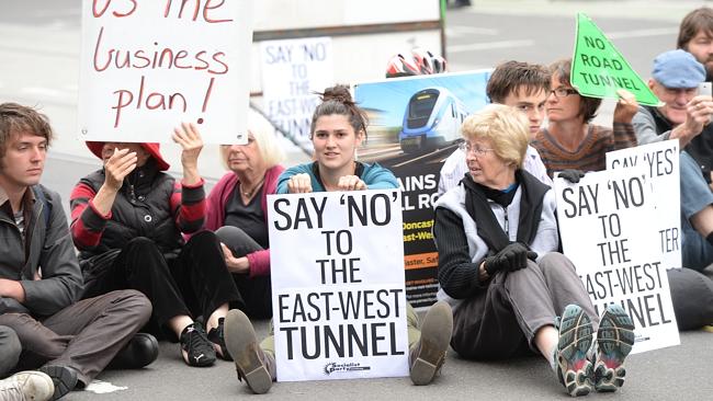 East West link protesters blocked Brunswick St yesterday. Picture: Josie Hayden