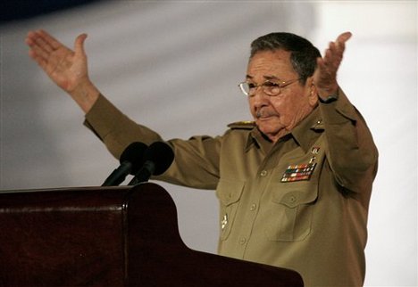 The President of Cuba, Raul Castro speaks during the 50th anniversary celebration of the Cuban Revolution at the main plaza in Santiago, Cuba, Thursday Jan. 1, 2009. Fifty years after triumphant armed rebels took power, Cuba celebrated the revolution's anniversary Thursday with toned-down festivities following a trio of devastating hurricanes and under the enduring public absence of an ailing Fidel Castro.