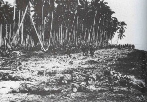 Dead Japanese soldiers, killed assaulting United States Marine positions, lie on the sandbar at the mouth of Alligator Creek, Guadalcanal after the battle on August 21, 1942.