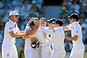 England's players celebrate after taking the wicket of Australia's Mitchell Johnson.