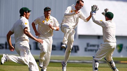 You beauty: Nathan Lyon celebrates on a day when he took 5/50 and his 100th Test wicket. 