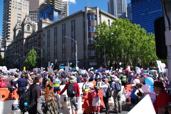 Overview of crowd outside Parliament House