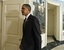 President Barack Obama leaves the Diplomatic Reception Room at the White House in Washington Friday, Jan. 15, 2010, after speaking about the earthquake in Haiti.