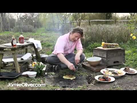 Jamie Oliver makes BBQ flat bread with wild garlic dressing