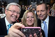 Nada Makdessi requested a selfie with Prime Minister Kevin Rudd and Opposition Leader Tony Abbott at the conclusion of the People's Forum at the Rooty Hill RSL in Sydney on Wednesday 28 August 2013. Election 2013. Photo: Andrew Meares 