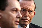 Canberra: Opposition Leader Tony Abbott and Senator Nick Xenophon hold a joint doorstop at Parliament House today Thursday 31 May 2012. Photo by Penny Bradfield.