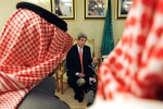 U.S. Secretary of State John Kerry and Foreign Minister Crown Prince Saud al-Faisal of Saudi Arabia, not pictured, address Saudi and American reporters in Riyadh about their just-concluded meeting with King Abdullah on January 5, 2014.