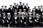 Some of the crew from the H.M.A.S Sydney, prior to being given a fortnight's shore leave. SOURCE: Navy File (Melb) G: Aust: Defence: Navy: Ships: HMAS Sydney II (1935-41) Date Filed: (No date given)