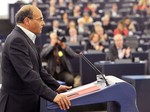 Moncef Marzouki, President of Tunisia, delivers a statement at the European Parliament in Strasbourg, eastern France, Wednesday, Feb. 6, 2013. Marzouki, who is from a secular party in the governing coalition, was in Strasbourg addressing the European Parliament and said the assassination was a threat against all of Tunisia. Chokri Belaid, a Tunisian opposition leader critical of the Islamist-led government and violence by radical Muslims was shot to death Wednesday _ the first political assassination in post-revolutionary Tunisia.