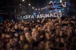 Pro-independence Basque demonstrators gather on the street during a protest in Bilbao