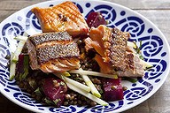 Lentils, beetroot, apple, grilled salmon.