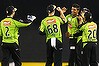 Sydney Thunder's Gurinder Sandhu celebrates after taking a catch off his own bowling to dismiss Peter Nevill of the Renegades.