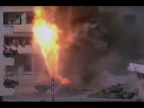 Syria - T72 tank gettin hit antitank rocket rpg-29 FSA vs Al Assad