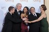 From left, Sam Worthington, director James Cameron, Zoe Saldana, producer Jon Landau, and Sigourney Weaver pose with the award for best motion picture drama for Avatar backstage at the 67th Annual Golden Globe Awards on Sunday, Jan. 17, 2010, in Beverly Hills, Calif.