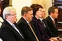 Prime Minister Kevin Rudd (L), Deputy Prime Minister Anthony Albanese, Jacinta Collins MP, Tony Burke MP and Bill Shorten MP sit at the Governor General's House on July 1, 2013 in Canberra, Australia. 