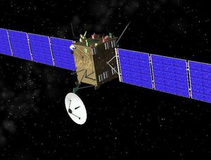 A 3D model of the Rosetta Spacecraft. This is not a true representation of Rosetta as the actual spacecraft is protected by black multi layer insulation blankets, the High Gain is also black.