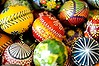 Easter eggs decorated in a Sorbian wax technique lay in a basket on April 8, 2009 in Spremberg, eastern Germany.     AFP PHOTO    DDP/NORBERT MILLAUER    GERMANY OUT