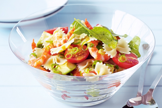 Prawn, avocado and baby roma truss tomato pasta salad