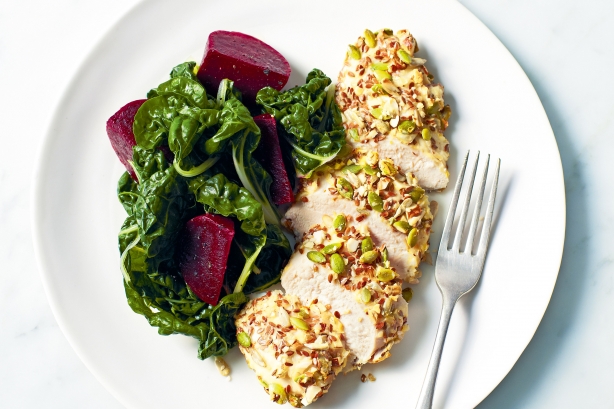 LSA chicken with beetroot and silverbeet