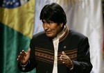 Bolivia's President Evo Morales speaks to reporters after a meeting in La Moneda presidential palace in Santiago, Monday, Sept. 15, 2008.