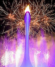 The Olympic flame is lit during the opening ceremony of the 2014 Winter Olympics in Sochi, Russia, Friday, Feb. 7, 2014. (AP Photo/Bernat Armangue)