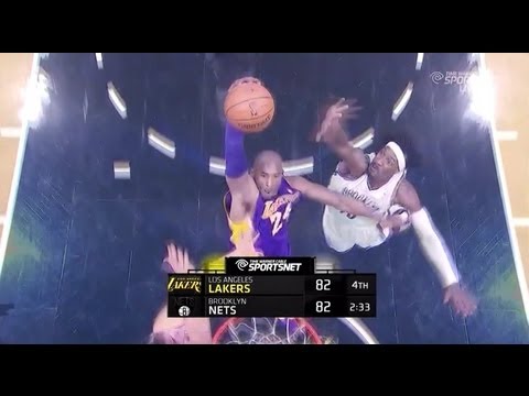 Kobe Bryant facial dunk on Kris Humphries and Gerald Wallace Lakers at Brooklyn Nets