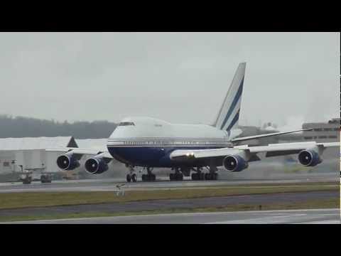 Private Boeing 747SP Landing taxi and takeoff at KBFI Seattle