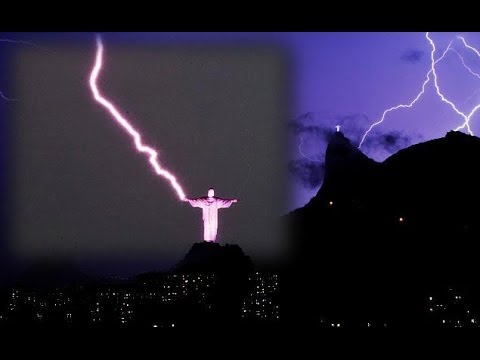 Lightning Strike Damages Rio de Janeiro Jesus Statue in Brazil Storm - Aerial footage