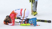 Hoefl-Riesch reacts to winning Olympic gold