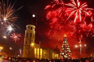 Fireworks light up the sky above the Cathedral Square in Vilnius, Lithuania.