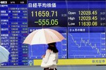 A pedestrian watches an electric stock index display outside a brokerage office in Tokyo, Tuesday morning, Sept. 16, 2008.