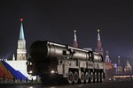 File - Russian army Topol ballistic missile on a mobile rocket launcher make its way down a road during a rehearsal for the Victory Day military parade which will take place at Moscow's Red Square on May 9 in central Moscow, Russia, late Tuesday, May 3, 2011.