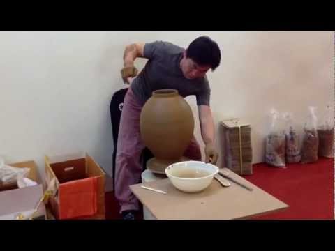 Ceramic Master, Kang Sinbong making/throwing Moon Jar