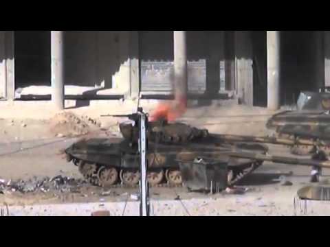 Syria  T72 tank gettin hit antitank rocket rpg29 FSA vs Al Assad