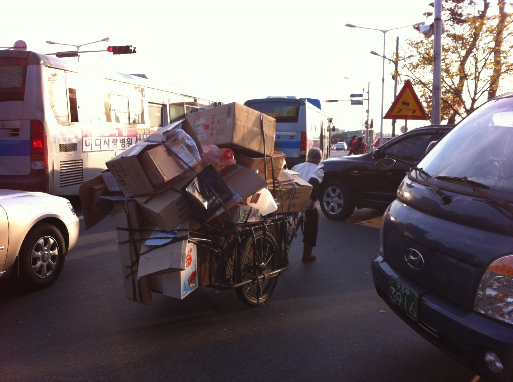 An elderly working class man doing it tough in South Korea: it is common to witness many resorting to collecting recyclables for petty cash in a country where an aged pension is virtually non-existent.