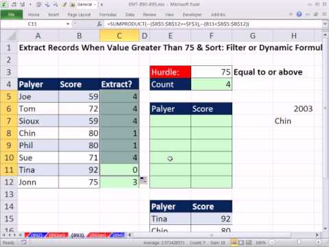 Excel Magic Trick 893: Extract & Sort Records When Value Greater Than 75: Filter or Formula