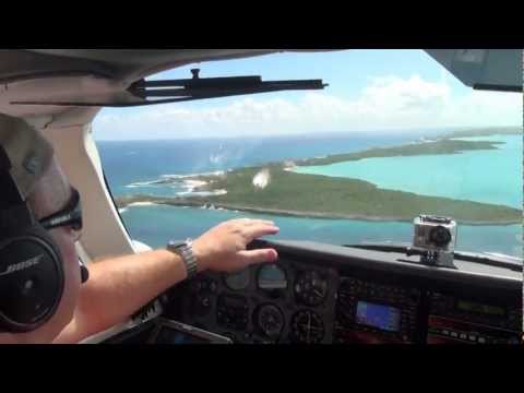 HD 1080 Cessna 310 Flying in the Bahamas. Landing at Staniel Cay, Farmer's Cay.