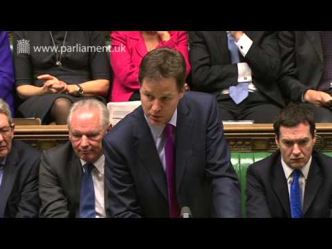 Deputy Prime Minister, Nick Clegg, answered questions from MPs in the House of Commons on Wednesday 12 March 2014.

The Deputy Prime Minister answered questions on behalf of the Prime Minister, David Cameron, who was visiting Israel.

To find out more about this week\'s questions, including links to the transcript, visit: http://www.parliament.uk/pmqs-12-march-2014. 

Prime Minister\'s Question Time

Question Time in the House of Commons is an opportunity for MPs to question government ministers about matters for which they are responsible.

Prime Minister\'s Question Time, also referred to as PMQs, takes place every Wednesday that the House of Commons is sitting and gives MPs the chance to put questions to the Prime Minister.

In most cases, the session starts with a routine \'open question\' from an MP about the Prime Minister\'s engagements. MPs can then ask supplementary questions on any subject, often one of current political significance.

Opposition MPs follow up on this or another topic, usually led by the Leader of the Opposition, Edward Miliband. Usually, he is the only MP allowed to come back with further questions.

When the Deputy Prime Minister takes Prime Minister\'s Questions, Opposition questions will usually be led by the Deputy Leader of the Labour Party, Harriet Harman.

You can follow https://twitter.com/HouseofCommons  for official news and information for the UK House of Commons Chamber.