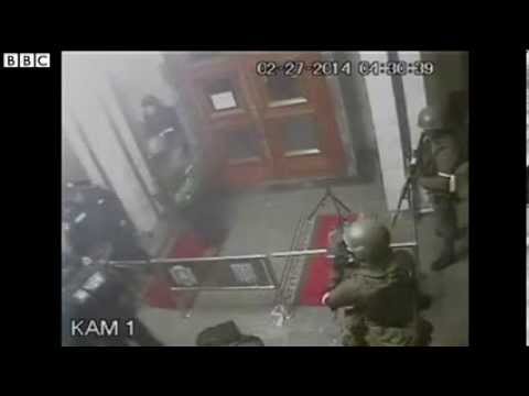 BBC News Ukraine crisis CCTV, shows Crimea parliament, explosion