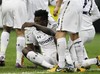 Tottenham Hotspur forward Emmanuel Adebayor celebrates after scoring during a Europa League round of 16 second-leg soccer match between Inter Milan and Tottenham Hotspur at the San Siro stadium in Milan, Italy, Thursday, March 14, 2013.