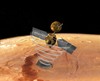 An artist's concept of MRO using SHARAD to "look" under the surface of Mars looking down on NASA's Mars Reconnaissance Orbiter.