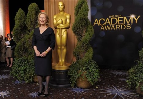 Meryl Streep, a Best Actress nominee for "The Iron Lady," poses at the 31st Academy Awards Nominees Luncheon in Beverly Hills, Calif., Monday, Feb. 6, 2012. The 84th Academy Awards will be held in Los Angeles on Sunday, Feb. 26. (AP Photo/Chris Pizzello)