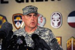 Lt. Gen. Mark Milley, III Corps commander, provides an update during a press conference at the Fort Hood, Texas, main gate, at 9:40 p.m. (CDT), April 2, 2014, regarding the Fort Hood shooting incident